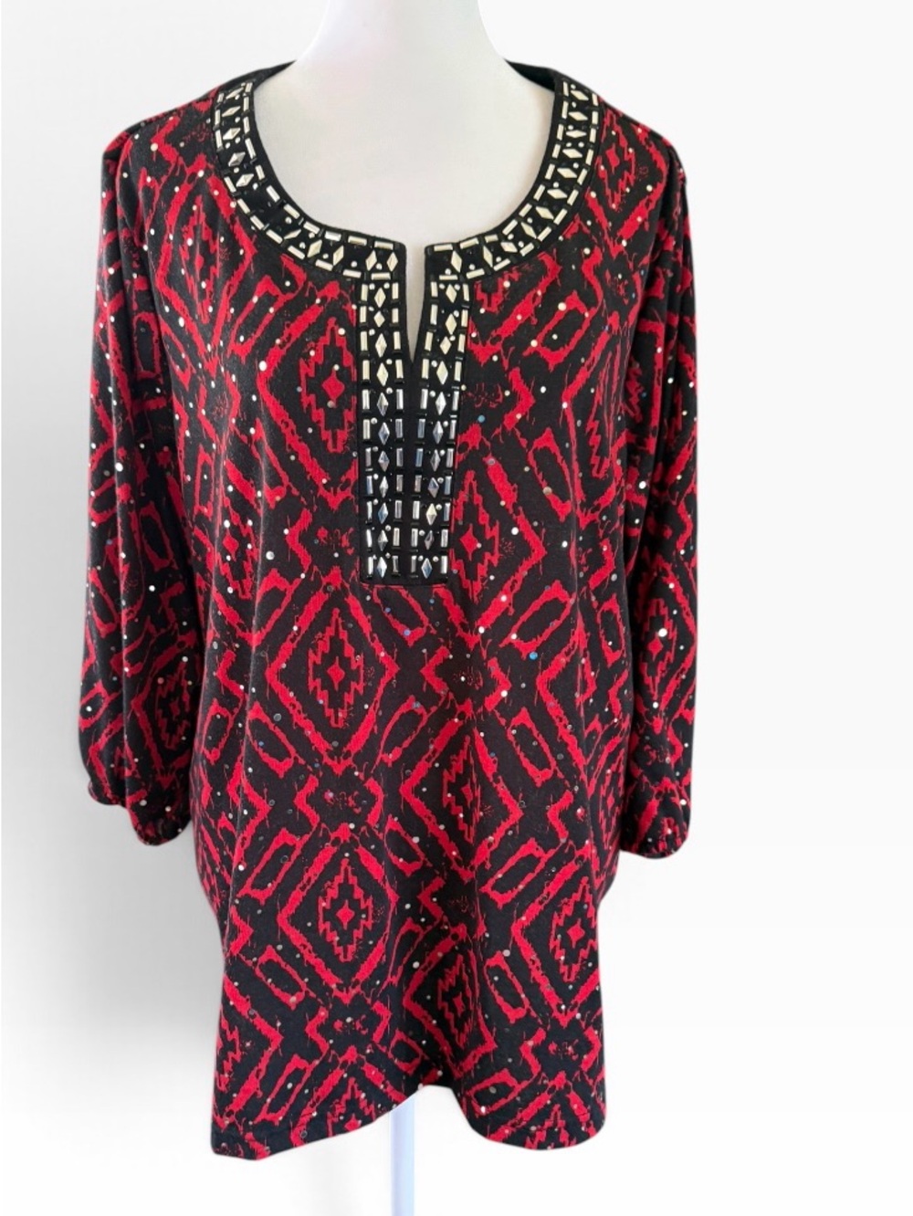 Embellished Red & Black Patterned Women's Tunic by C D DANIELS Size 1X